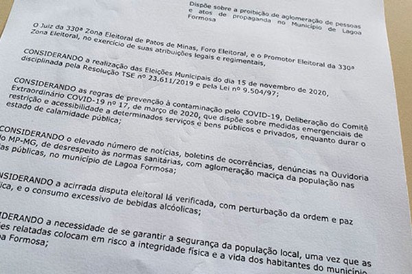 Justiça Eleitoral proíbe atos de campanha que gerem aglomerações em Lagoa Formosa