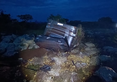 Caminhão carregado com batatas tomba após motorista perder o controle em curva na BR354