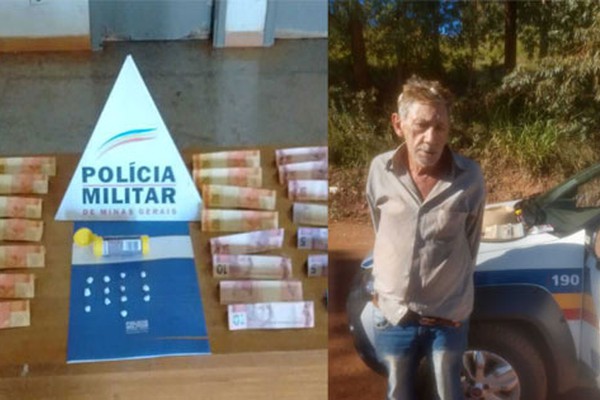 Senhor de 61 anos confessa tráfico de drogas aos ser preso com dinheiro e droga em Rio Paranaíba 