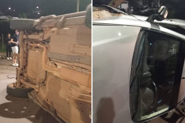 Picape para tombada após bater em dois carros na avenida Padre Almir; motorista fugiu e não foi localizado