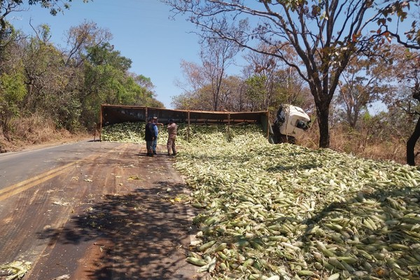 Carreta carregada com 20 toneladas de milho tomba e carga fica espalhada no acostamento, na MG410