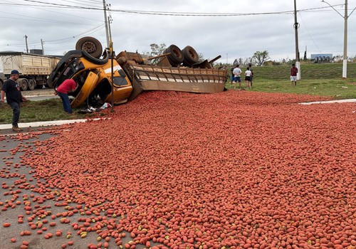 Caminhão carregado com tomates tomba e para com as rodas para cima em Patos de Minas; não houve feridos