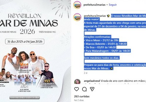 MPMG pede anulação de contrato de R$ 100 mil para show musical no réveillon em Três Marias