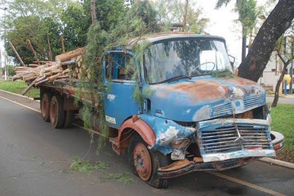 Caminhão derruba árvores e só para na contramão da pista central da avenida JK
