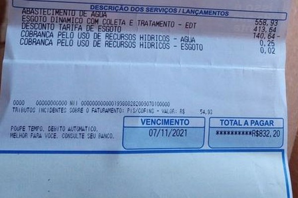 Família recebe conta d’água em mais de R$830,00 e se desespera em Patos de Minas