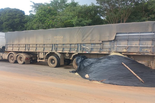 Carga de café fica espalhada pela BR-352 após colisão entre caminhões em Lagoa Formosa