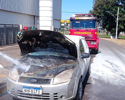 Bombeiros e funcionários de empresa se mobilizam para apagar incêndio em carro