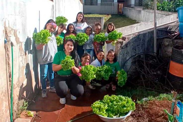 Alunos ajudam e participam do cultivo de hortaliças em área da Escola Padre Almir em Patos de Minas