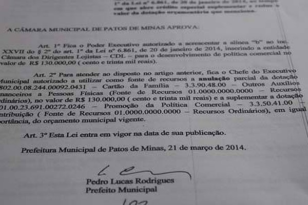 Projeto de Lei do prefeito Pedro Lucas doa R$ 130 mil para campanhas da CDL