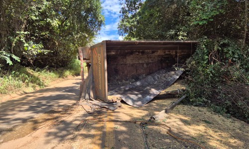 Carreta tomba após passar por buracos e espalha carga de soja na BR-352, em Abadia dos Dourados