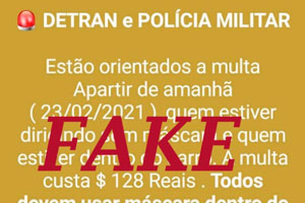 É fake mensagem de que pessoas sem máscara em veículos serão multadas em Patos de Minas