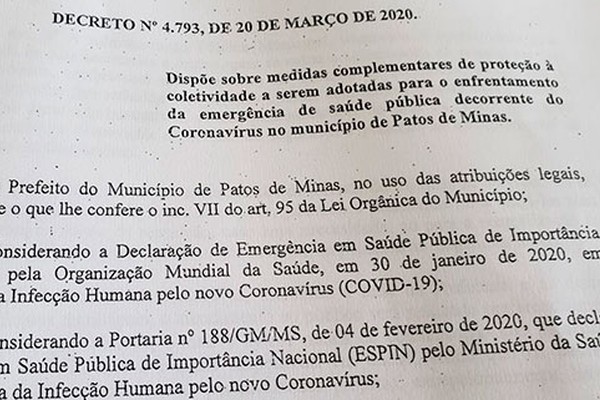 Novo decreto fecha bares, restaurantes e lojas do comércio a partir de amanhã em Patos de Minas