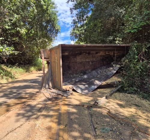 Carreta tomba após passar por buracos e espalha carga de soja na BR-352, em Abadia dos Dourados