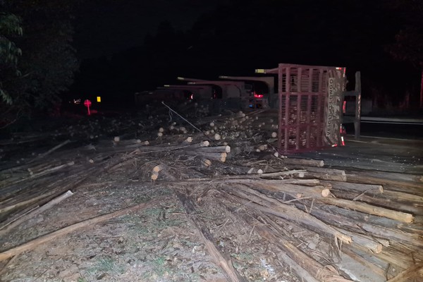 Treminhão carregado com 70 toneladas de toras de madeira tomba na MG 190 e interdita pista