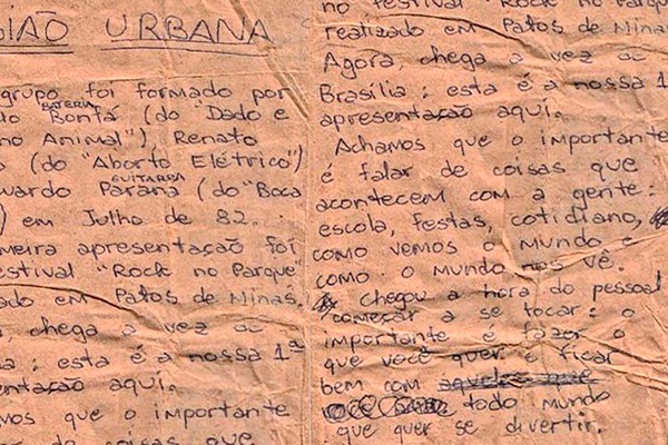 Marcelo Bonfá, do Legião Urbana, publica manuscrito de Renato Russo sobre 1º show da banda em Patos de Minas