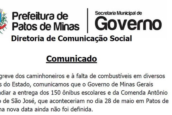 Devido à falta de combustíveis, governo adia entrega de 150 ônibus e da Comenda em Patos de Minas