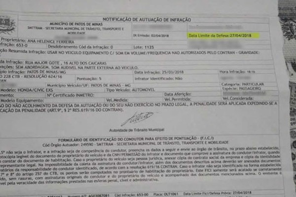 Patense diz que foi multada por som alto quando carro estava desligado na garagem de casa em Patos de Minas