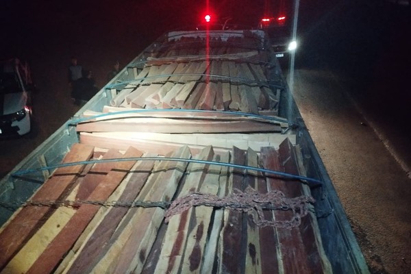 Polícia Militar de Meio Ambiente apreende caminhão carregado com madeira nativa na BR 365