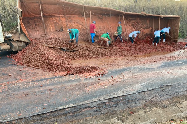 Carreta carregada com 33 toneladas de tomates tomba na MGC354, em Patos de Minas