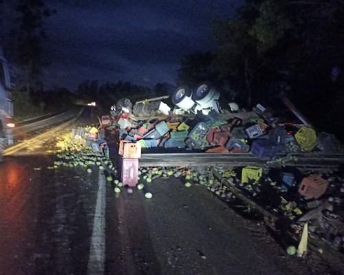 Caminhão que transportava mangas capota na BR 365 e interdita parte da pista; motorista saiu ileso